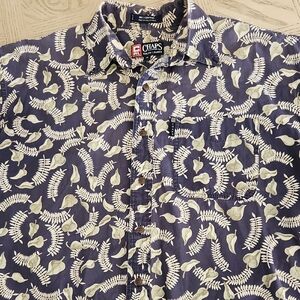Chaps Ralph Lauren 100% Cotton Men's Blue and White Leaf Print Shirt Size Medium
